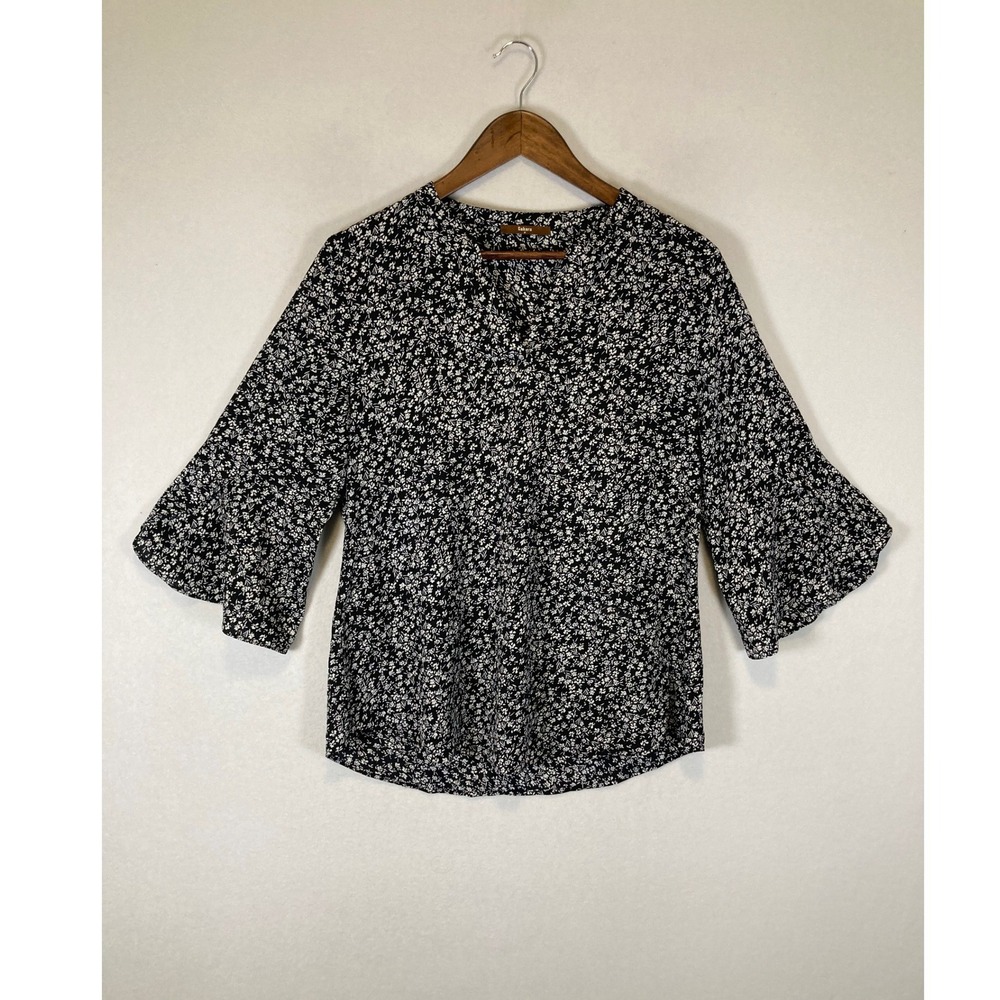 Boho Professional Gaharu Women Medium Black Floral Bell Sleeve Split Neck Blouse